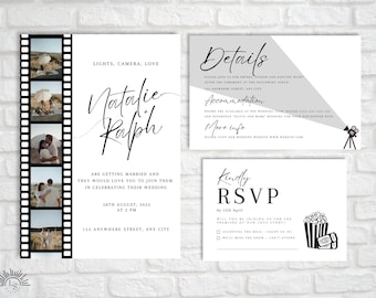 May include: Wedding stationery set with a film strip design. The main invitation features the names "Natalie & Ralph" and event details. Additional cards include RSVP and details. The suite is in black and white.