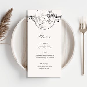 Music Themed Wedding Menu | Vinyl & Jazz-Inspired Design | Minimalist Template | Customisable and Printable
