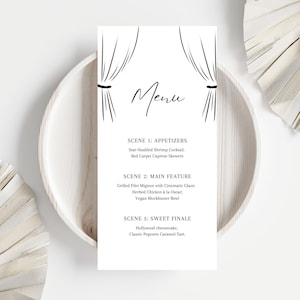 Peut inclure: Une carte de menu minimaliste avec un design de rideau de théâtre en haut. Le mot "Menu" est écrit en script élégant. Le menu énumère les entrées, les plats principaux et un final sucré. La carte est placée dans un bol en bois clair.