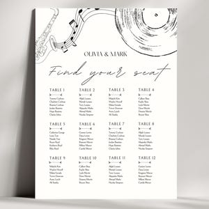 May include: A wedding seating chart with a musical theme. The design features a saxophone, musical notes, and a vinyl record illustration in black and white. The names of the couple are at the top, with the words "Find your seat" below.