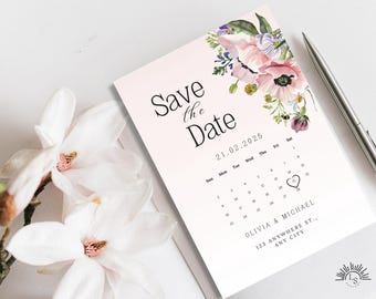Watercolor Wildflower Save the Date Template | Calendar Save the Date Design | Pale Pink Floral Design | Digital Download