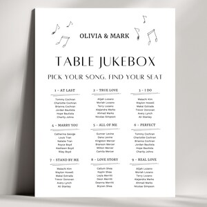 May include: A minimalist wedding seating plan, featuring the names Olivia & Mark. The design includes musical notes and a table jukebox theme, with song titles and guest names listed under each song.