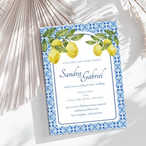 Amalfi Coast Wedding Invitation Template: Lemon and Blue Tile Design (Digital Download)
