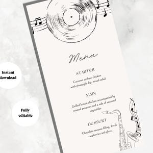Op de afbeelding: Een menukaart met een muzikaal thema. Het toont een illustratie van een vinylplaat en muzieknoten. Het menu bevat voorgerechten, hoofdgerechten en desserts. De woorden "Direct downloaden" en "Volledig bewerkbaar" zijn ook zichtbaar.