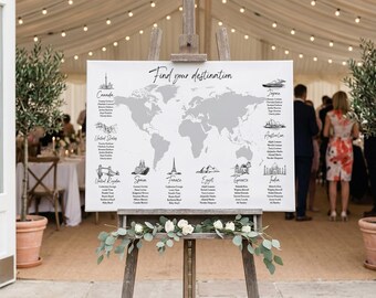 旅行をテーマにした結婚式席次表テンプレート｜ミニマルな席次表｜DIY席次表｜世界地図席次表｜Canvaで簡単に編集