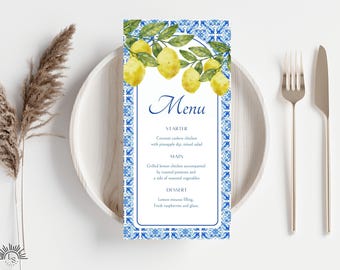 Vorlage für ein Hochzeitsmenü an der Amalfiküste | Zitronen- und blaues Fliesendesign | Vorlage für ein Hochzeitsmenü | Mediterrane Hochzeit | Digitaler Download