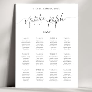 Puede incluir: Un plano de asientos de boda minimalista con los nombres "Natalie" y "Ralph" en escritura elegante. Las palabras "LIGHTS, CAMERA, LOVE" y "CAST" están arriba y abajo de los nombres. Se enumeran doce mesas con los nombres de los invitados.