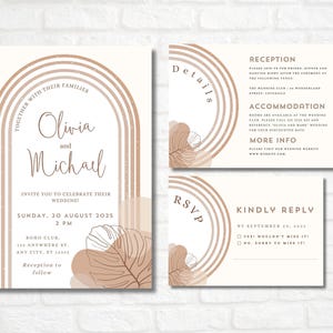 Plantillas para bodas boho: paquete pequeño, invitación personalizable, tarjeta de confirmación de asistencia, tarjeta de detalles y tarjeta de cronograma, paleta beige
