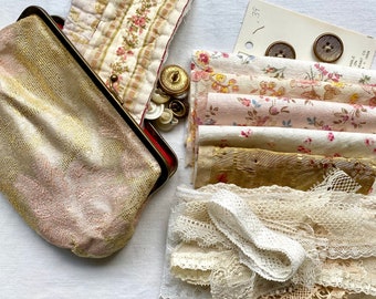 Sweet Vintage Baggy of Beautiful Vintage Lace and French and Antique Fabric,  Haberdashery, Slow Stitch, Sewing Bundle, Journal Supplies