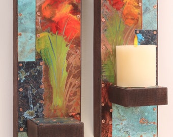 Two Copper and Metal Wall Sconces