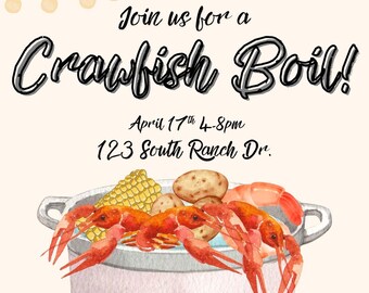 May include: Invitation to a crawfish boil on April 17th from 4-8pm at 123 South Ranch Dr. The invitation features a watercolor illustration of a pot of crawfish, corn, potatoes, and shrimp over a red and white checkered tablecloth with flames underneath.
