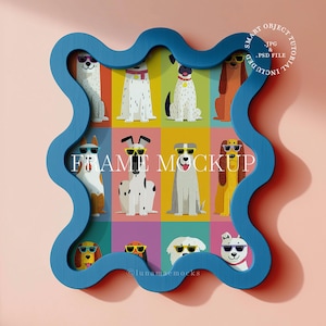 May include: A blue wavy frame mockup featuring a grid of cartoon dogs wearing sunglasses. Each dog is set against a colorful background. The text "FRAME MOCKUP" is displayed in the center. The words "SMART OBJECT" and "JPG & PSD FILE INCLUDED" are also visible.