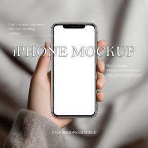 Könnte beinhalten: Ein gold-schwarzes iPhone-Mockup mit leerem weißem Bildschirm, gehalten in einer Hand. Der Text auf dem Bild lautet "iPhone Mockup", "Erfassen Sie Ihre Kunden mit auffälligen Angeboten" und "Steigern Sie den Umsatz mit modernen Mockups".