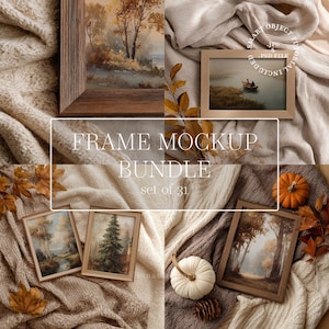 May include: A frame mockup bundle featuring various wooden frames displaying landscape paintings of forests, trees, and a boat on water. The frames are arranged on textured beige and brown fabric with decorative elements like dried leaves and pumpkins.