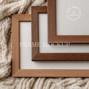 May include: Three wooden picture frames in varying shades of brown, arranged on a textured, off-white surface. The frames are empty, with the words "FRAME MOCKUP" displayed in the center. A circular graphic with text is in the upper right corner.