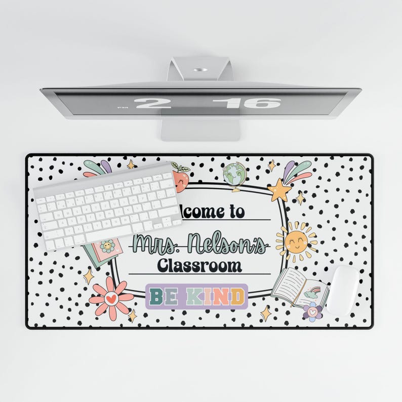 Personalized Teacher Desk Mat: Calm Colors, Polka Dot Classroom Decor image 7