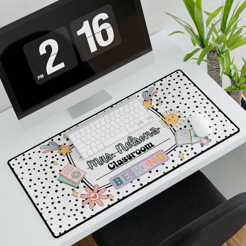 Personalized Teacher Desk Mat: Calm Colors, Polka Dot Classroom Decor image 6