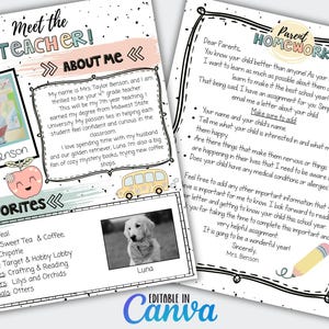May include: A teal and white printable teacher introduction and parent homework template. The "Meet the Teacher" page includes a photo, "About Me" section, and "Favorites." The "Parent Homework" page has instructions. The Canva logo is at the bottom.