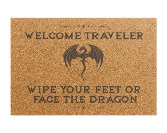 Funny Dragon Doormat: Welcome Traveler - Fantasy RPG Porch Decor