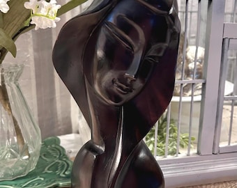 Vintage Hand Carved Abstract Woman Bust Statue, Modernist Wood Female Face Sculpture, Dark Brown Figurative Shelf Decor