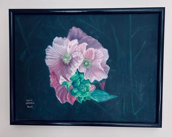 Original Signed Floral Painting | Moody Pink Hollyhock Wall Art | Vintage Cottage Botanical Decor