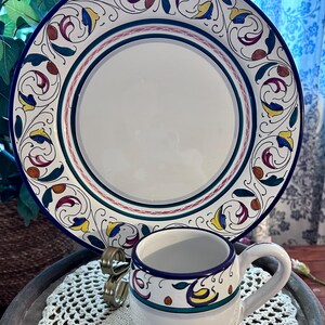 Deruta Italian Raffaellesco or Ricco Deruta Pottery Plate and Coffee Mug Set Blue Yellow Designs Vintage Italian Pottery