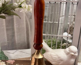 Vintage Aged Brass Hand Bell Wood Handle India 8.5” Cottage Decor