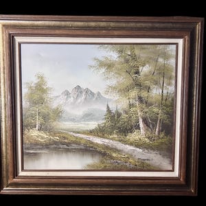 P Woodville Signed Large Mountain Landscape Oil Painting Framed Cabin Art