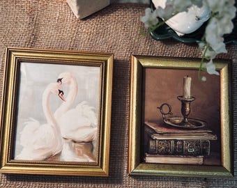 Vintage Framed Art Set Swans & Candle Still Life Gold Frames