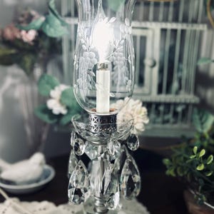 Vintage Etched Crystal Hurricane Lamp – Electric Light – Teardrop Crystal Prisms – Cottagecore & Romantic Mantle Decor