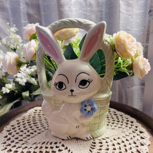 Ceramic Bunny Basket Planter Artisan Rabbit Figure Planter Studio Art Pottery 7 Inch Tall
