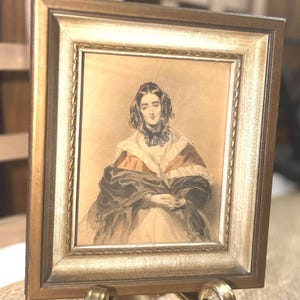 Antique Victorian Portrait Print 19th Century Hand Colored Lithograph in Ornate Frame  English or French Lady Wall Art