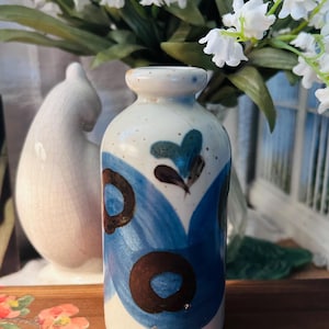 Vintage UCTCI Japan Stoneware Bud Vase, Mid Century Modern Weed Pot, Hand Painted Blue Brown Ceramic Vase, Small Studio Pottery Vase