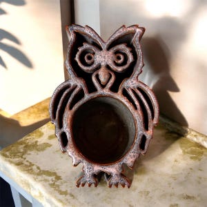 May include: A ceramic owl-shaped planter with a dark brown interior and a textured, openwork design. The owl has large, round eyes and a detailed feather pattern, with a reddish-brown and white color scheme. The planter sits on a light-colored surface.
