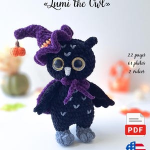 May include: A black crochet owl wearing a purple witch hat with an orange pumpkin charm. The owl has large, glittery eyes and a purple scarf. The text "CROCHET PATTERN" and "Lumi the Owl" are displayed at the top. The image also includes a PDF icon and an American flag.
