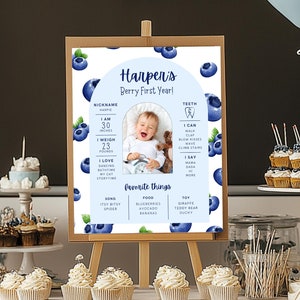 Letrero de hito de primer cumpleaños con temática de arándanos, póster de primer cumpleaños con temática de arándanos, cuadro de hitos editable en azul para el primer año del bebé, m70w