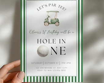 Invito modificabile per il primo compleanno di golfisti, modello di invito per il primo compleanno con buca in uno, andiamo a giocare a par-tee