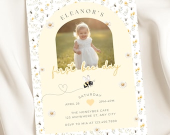 Invitación editable para el primer cumpleaños de la abeja, invitación con foto para el primer cumpleaños de la abeja, nuestra pequeña cumple un año, b01d