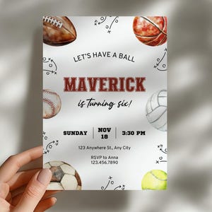 Sports Birthday Invitation, Printable Let's Have a Ball Birthday Party Invite, Editable Basketball Baseball Soccer Football Template