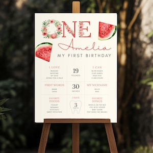 Puede incluir: Un letrero personalizado de primer cumpleaños sobre un caballete de madera. El letrero presenta el nombre "Amelia" y el texto "MY FIRST BIRTHDAY". Incluye ilustraciones de sandías y detalles como el peso (8,6 kg) y la altura (76 cm).