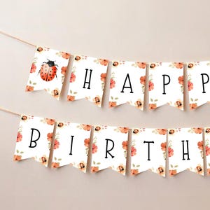 May include: A banner with the words "HAPPY BIRTHDAY" printed on white pennants. Each pennant is decorated with orange flowers and a ladybug. The banner is strung on a thin, light-colored string.