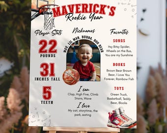 May include: A personalized sign on an easel, featuring the text "Maverick's Rookie Year." It includes a photo, stats (22 pounds, 31 inches tall), and favorite things like songs, books, and toys. A basketball and a pair of sneakers are also shown.