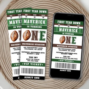 May include: An image shows three printed tickets and a smartphone displaying a digital ticket. The tickets and the phone screen feature a football theme with the text "Maverick is Turning One" and event details.