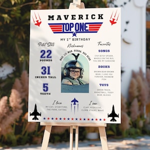 Może przedstawiać: Biały znak na sztaludze z napisem "MAVERICK TOP ONE" i "MY 1ST BIRTHDAY". Zawiera statystyki pilota: 10 kg, 79 cm wzrostu i 5 zębów. Znak wymienia również ulubione piosenki, książki i zabawki.