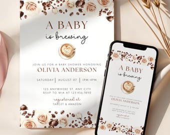 Invitación para baby shower "Un bebé está en ciernes", invitación con chispas de café para bebé, baby shower acogedor con granos de café, invitación editable para móvil e imprimible