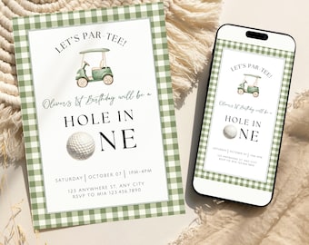 Invito per il primo compleanno di golfisti, stampabile e mobile, invito per buca in uno, giochiamo a golf per il primo compleanno, americano, stampabile digitale, g01b