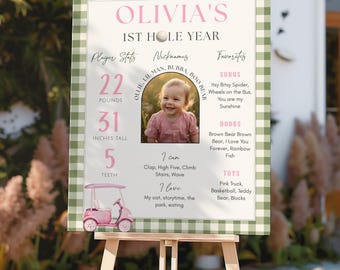May include: A personalized sign on an easel, featuring a photo of a young child and details about their first year. The sign includes the child's name, weight (22 pounds), height (31 inches), and favorite things, all set against a green and white gingham background.