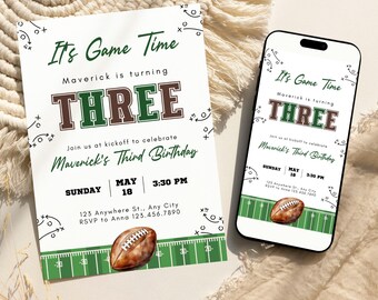 Invitation d'anniversaire de troisième anniversaire de football, troisième année vers le bas d'invitation d'anniversaire, fête de football américain mobile et imprimable, f01d