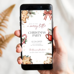 May include: A smartphone displays a Christmas party invitation. The invitation features watercolor illustrations of a gingerbread man, candy cane, and a mug of hot cocoa. Text reads "Join us for a merry little Christmas party" with the date and time.