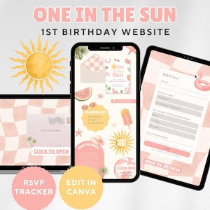 May include: A digital 1st birthday website template displayed on a laptop, smartphone, and tablet. The design features a pink and white checkered pattern with sun, flamingo, and watermelon graphics. Text includes ONE IN THE SUN, RSVP HERE, and PACKING LIST.